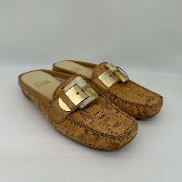 Vintage Stuart Weitzman Square Toe Cork Mules With Gold/Acrylic Buckle Size 4 - Picture 1 of 16